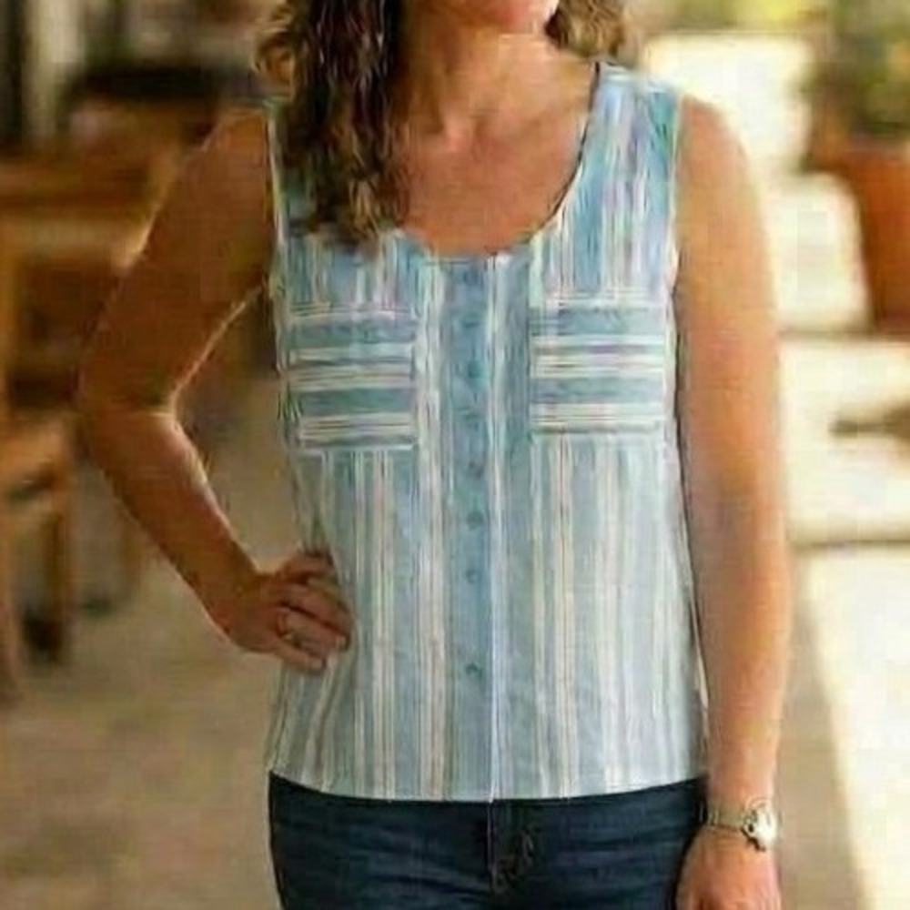 Woman Within Blue White Striped Sleeveless Tunic Top Size L 18/20 Pockets Pretty